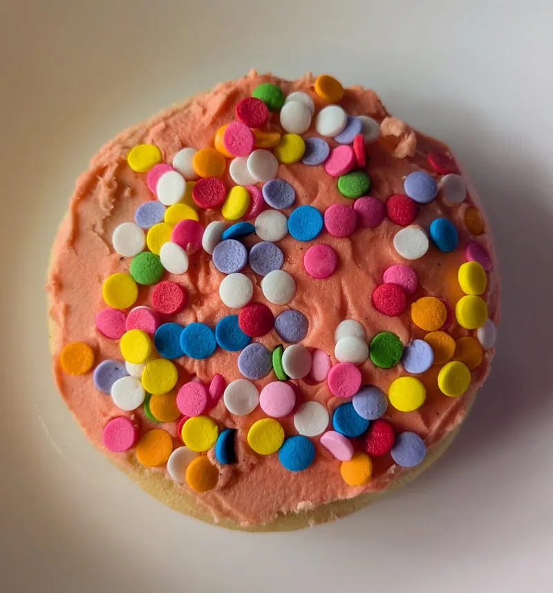 a frosted sugar cookie with pink frosting and rainbow sprinkles, close up