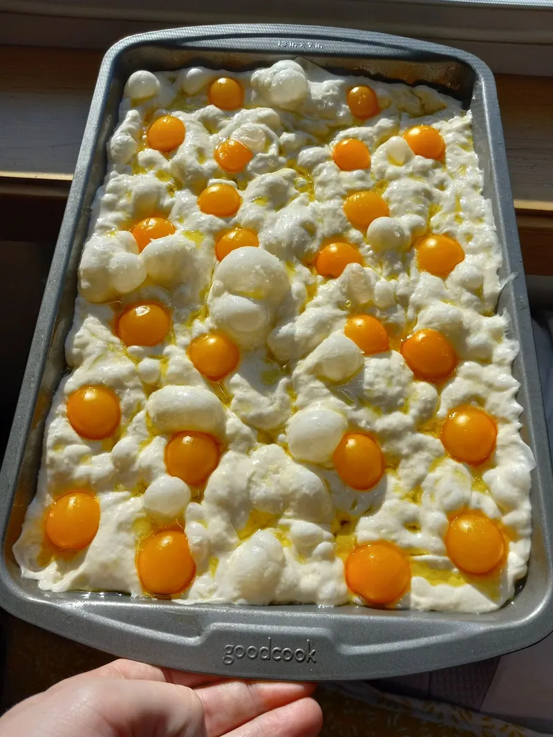 focaccia dough in a sheet pan topped with golden cherry tomatoes, before baking